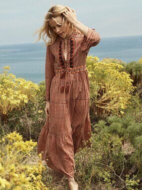 Doen Prem Dress Clay Block Print Midi Tassel Embroidered Size Medium Orange Blue